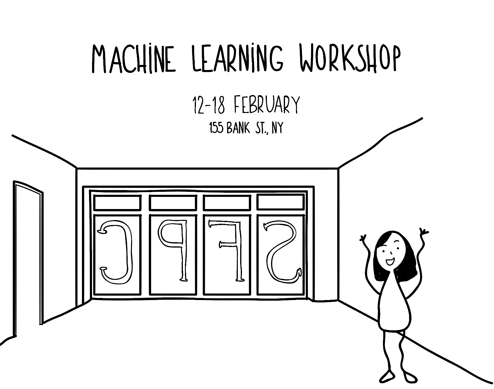 space with SFPC letters in window and person waving hands. Machine learning workshop 12-18th February, 155 Bank St. NY