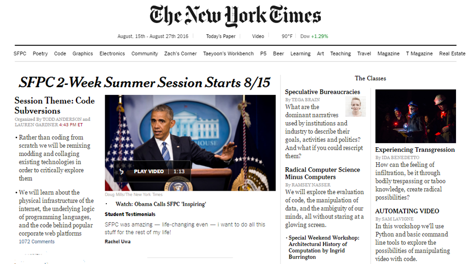 SFPC 2 week summer session text photoshopped onto nytimes front page