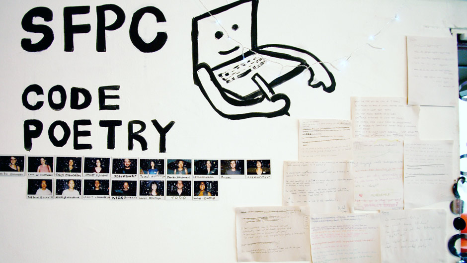 sfpc code poetry wall art with polaroids of sfpc participants 