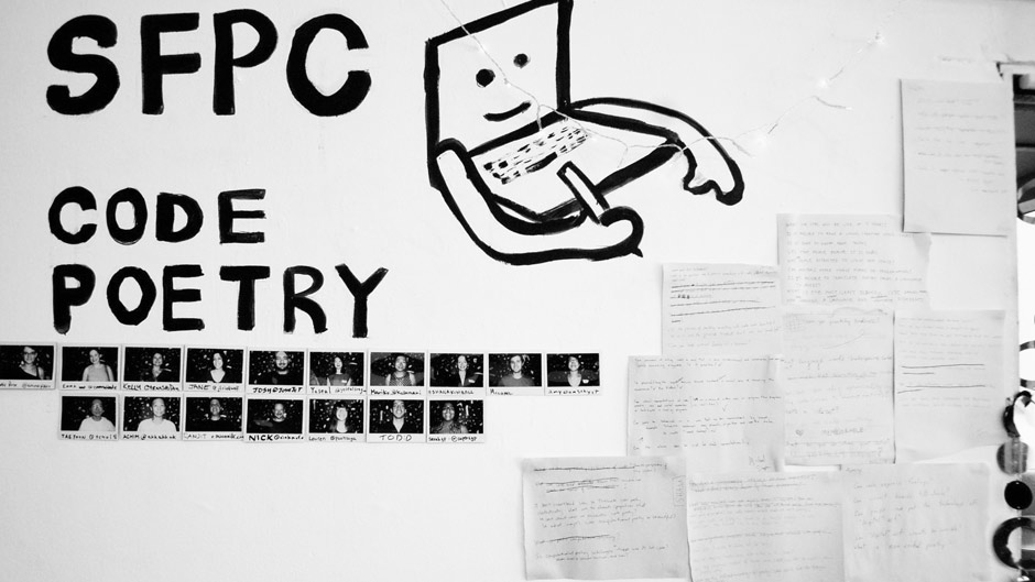 sfpc code poetry wall art with polaroids of sfpc students and people