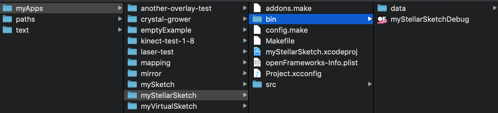 a screenshot of openframeworks project structure