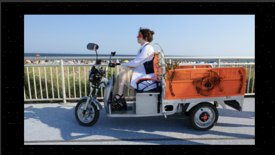 Melanie Hoff riding a cargo bicycle with garlic cloves in the back. They are bringing real garlic to give to participants of their online garlic trust game.