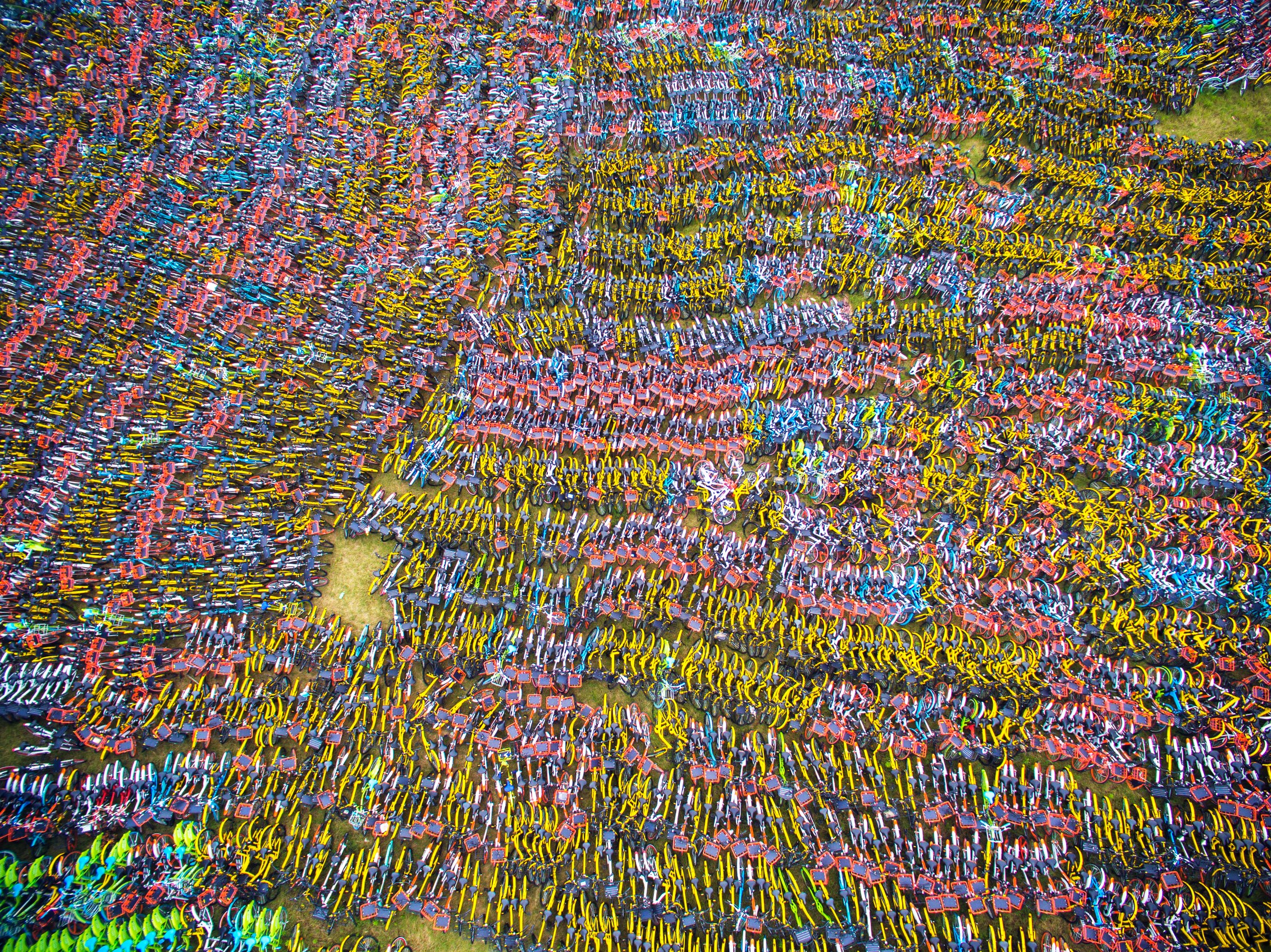 OFO bike graveyard that eerily looks like an abstract painting.