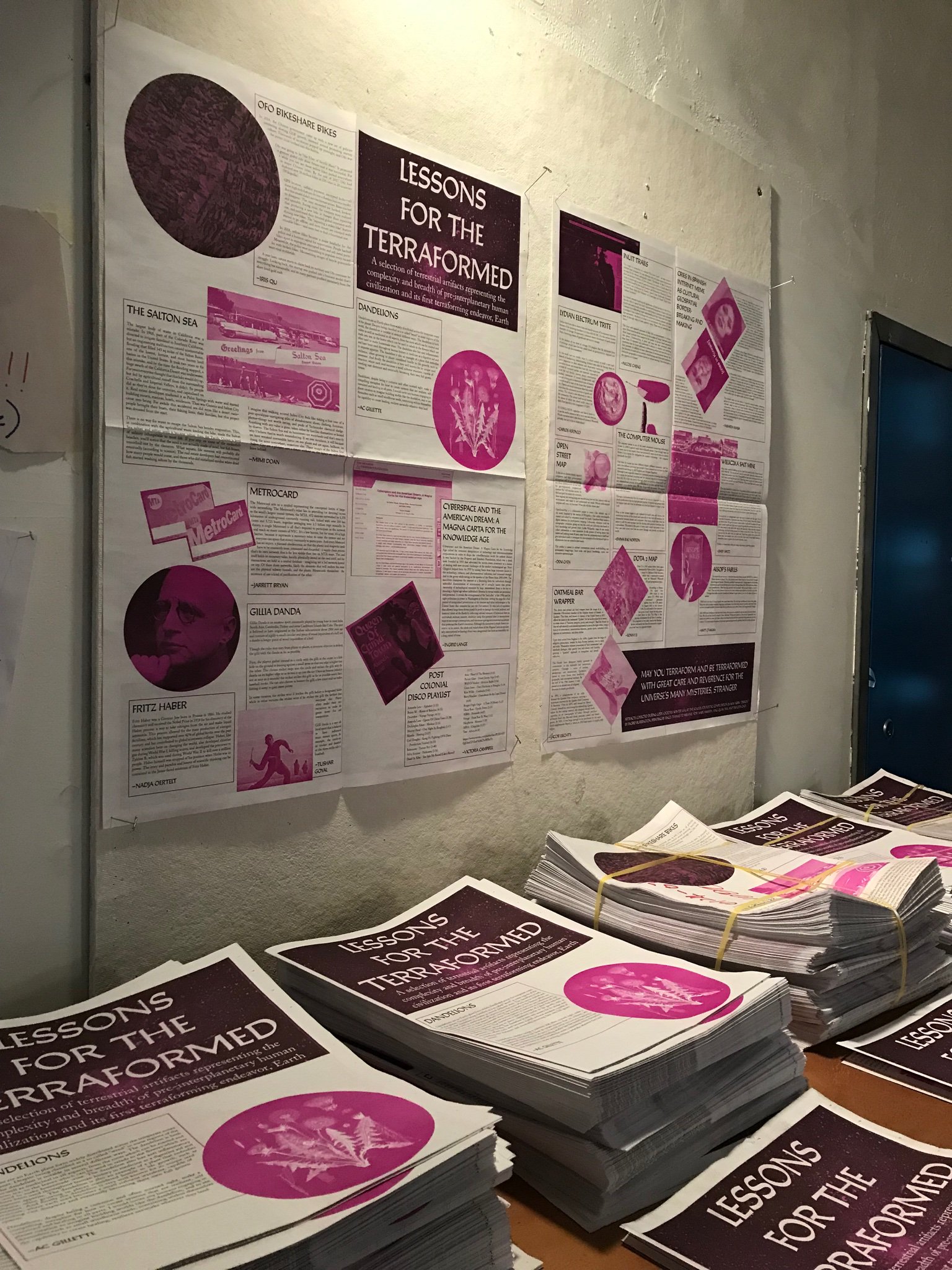 Our terraformer time capsule newsletter entitled "Lessons for the Terraformed" hung on the notice board and stacked on the table at the Code Societies Winter 2019 Showcase.