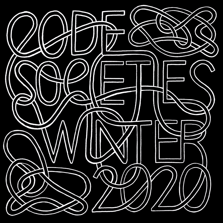 Code societies winter 2020 poster, swirling lines of type